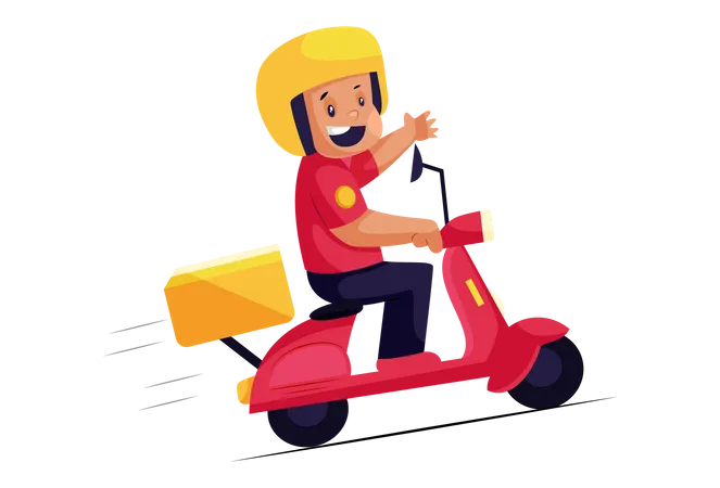 Heureux livreur de pizza sur scooter  Illustration