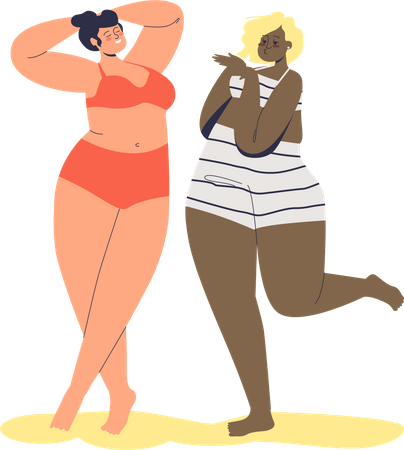 Happy plus size diverse female cartoon characters in lingerie. Body positive movement concept  일러스트레이션