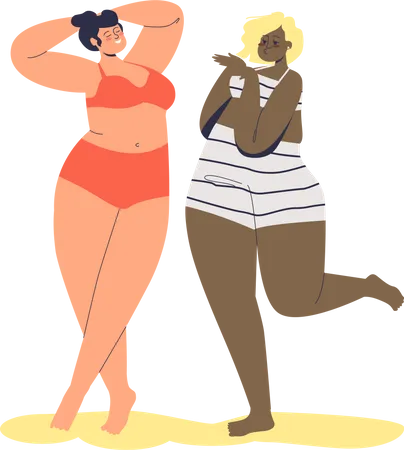 Happy plus size diverse female cartoon characters in lingerie. Body positive movement concept  일러스트레이션