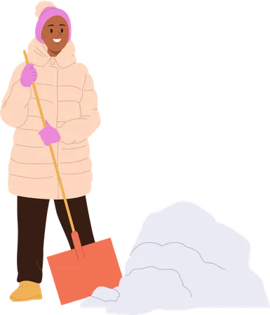 Happy smiling woman removing snow with shovel cleaning yard or road  イラスト