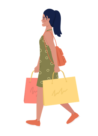 Happy teen girl walking with packages after shopping  Illustration