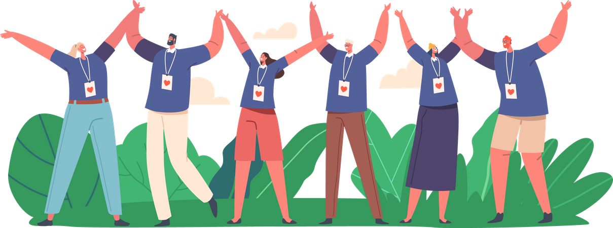 Happy Volunteers Team Stand Together with Raised Arms  Illustration