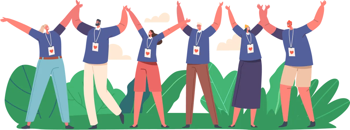 Happy Volunteers Team Stand Together with Raised Arms  Illustration