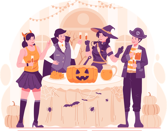 Happy Young People Dressed in Various Halloween Costumes Holding Cocktail Glasses With Drinks Raising a Toast  イラスト