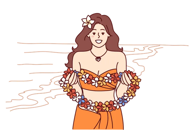 Hawaiian Woman holds flower garland  Illustration