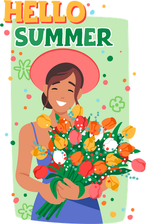 Hello Summer Poster With Young Smiling Woman Holds Summer Flowers  Illustration