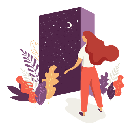 Hermosa mujer abre la puerta con una vista del cielo nocturno  Ilustración