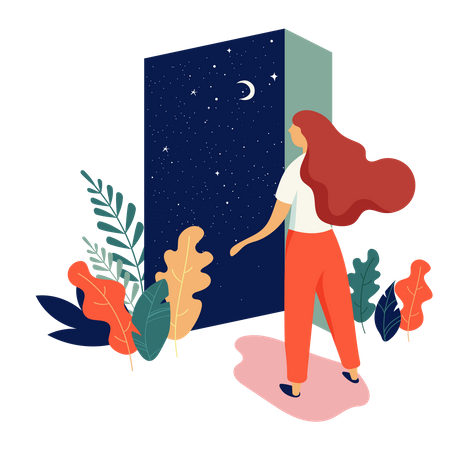 Hermosa mujer abre la puerta con vista al cielo nocturno  Ilustración