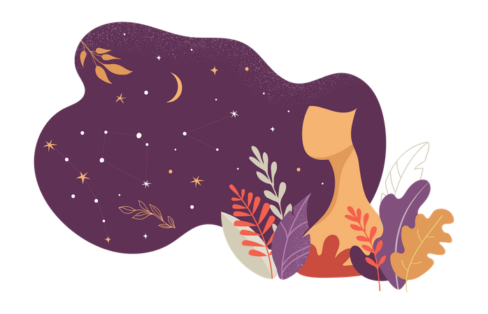 Hermosa mujer decorada con estrellas, flores y hojas.  Ilustración