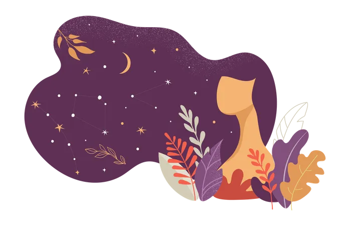 Hermosa mujer decorada con estrellas, flores y hojas.  Ilustración