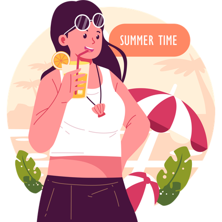 Hermosa chica bebiendo jugo de verano  Ilustración