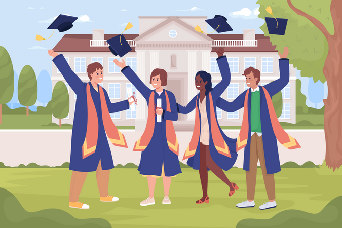 Heureux étudiants diplômés à l’université  Illustration