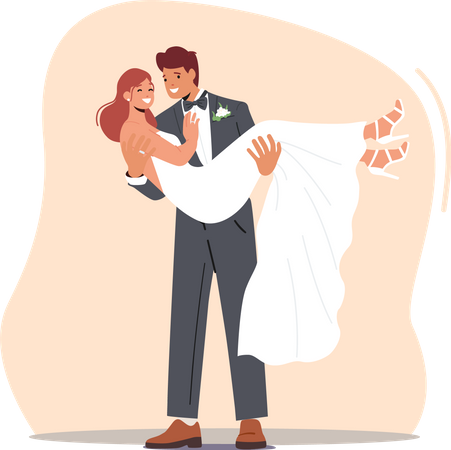 Heureux jeune marié porter la mariée sur les mains à l'autel pendant la cérémonie de mariage  Illustration