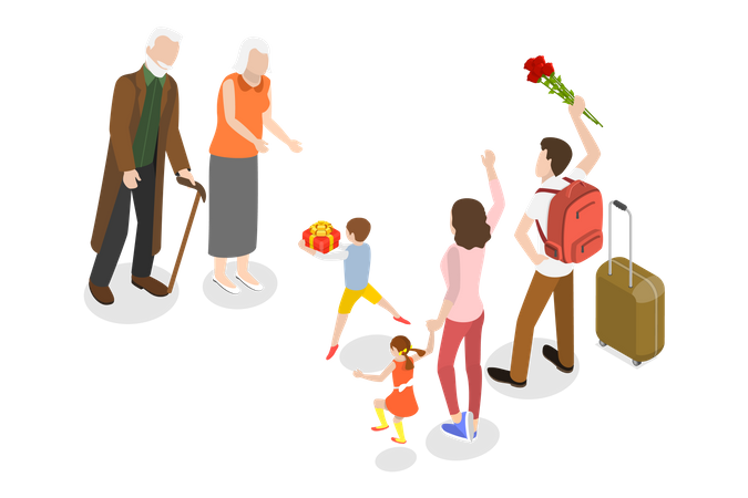 Heureux petits-enfants rendant visite aux grands-parents  Illustration