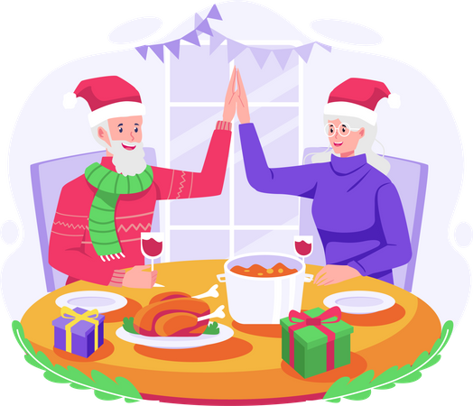 Heureux vieux couple faisant cinq et célébrant Noël en dînant ensemble  Illustration