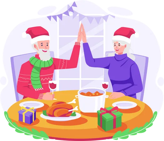 Heureux vieux couple faisant cinq et célébrant Noël en dînant ensemble  Illustration