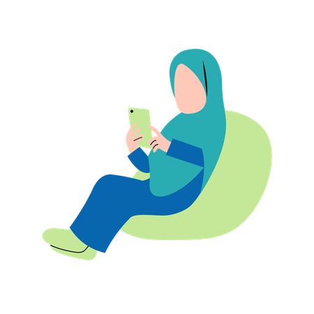 Femme hijab jouant sur une tablette sur un canapé  Illustration