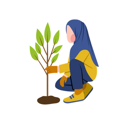 Mulher hijab cultivando planta  Ilustração