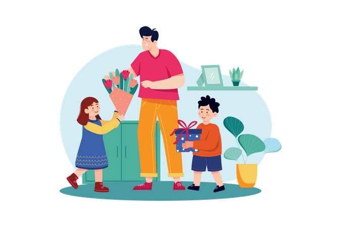 Hijo e hija le dan regalos y flores al padre el día del padre.  Ilustración