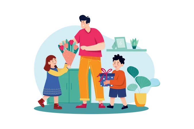 Hijo e hija le dan regalos y flores al padre el día del padre.  Ilustración