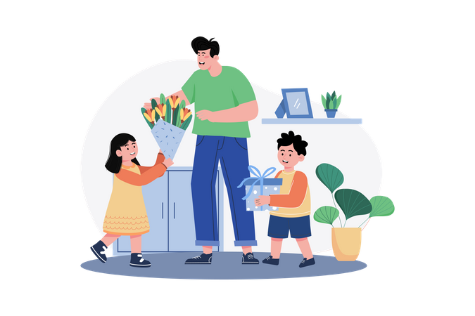 Hijo e hija le dan regalos y flores al padre el día del padre.  Ilustración