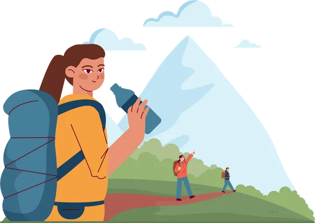 Hiking girl drinking water during trekking  Illustration