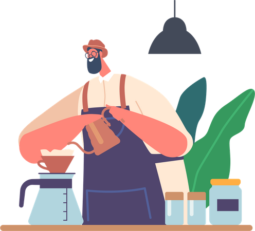 Hipster Barista Making Coffee Pour Over Brewing  Illustration