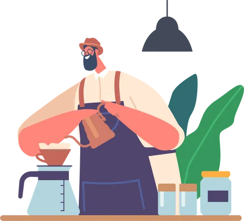 Hipster Barista Making Coffee Pour Over Brewing  Illustration