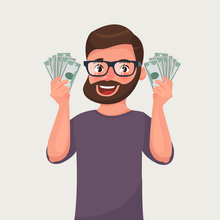 Hipster beard man with banknotes of money in his hands  Illustration