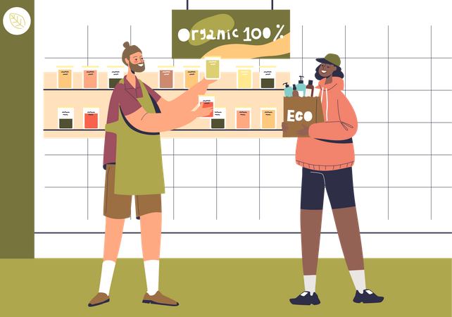 Hipster man buy organic food in eco friendly store  Illustration