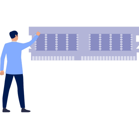 Hombre apuntando a un chip tecnológico de inteligencia artificial  Ilustración