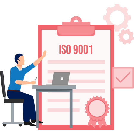 Hombre señalando el certificado ISO 9001  Ilustración