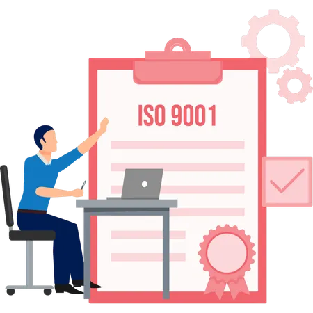 Hombre señalando el certificado ISO 9001  Ilustración