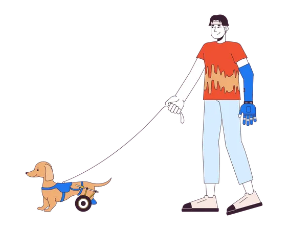 Hombre asiático discapacitado paseando a un perro en silla de ruedas  Ilustración