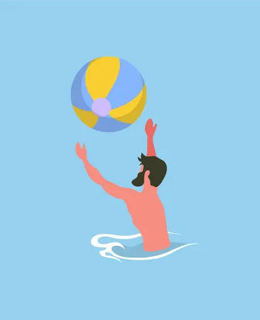 Hombre de barba jugando pelota de playa en el océano  Ilustración