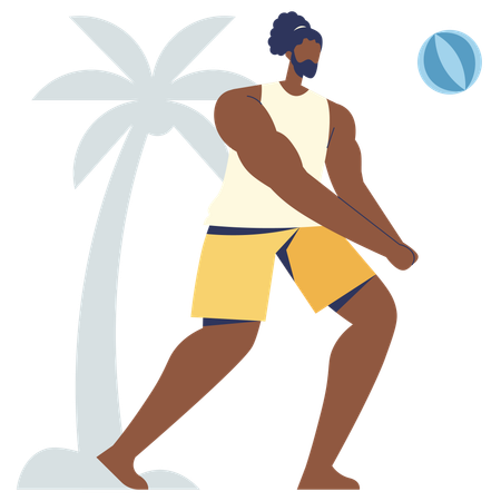 Hombre de barba jugando voleibol en la playa  Ilustración