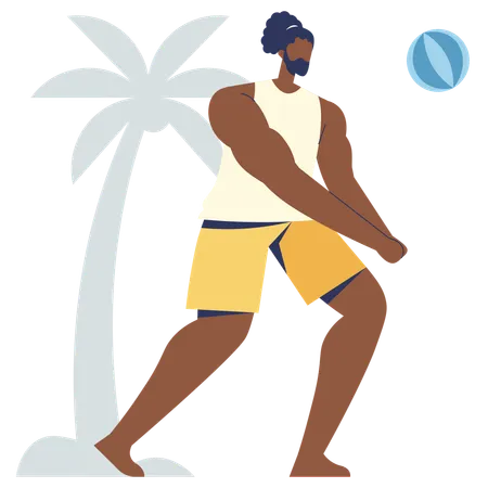 Hombre de barba jugando voleibol en la playa  Ilustración