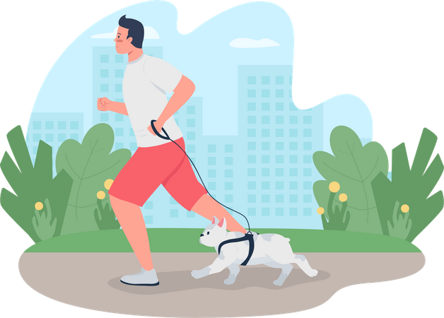 Hombre corriendo con perro con correa  Ilustración