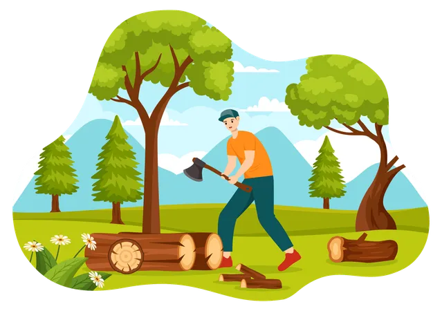 Hombre cortando arbol  Ilustración