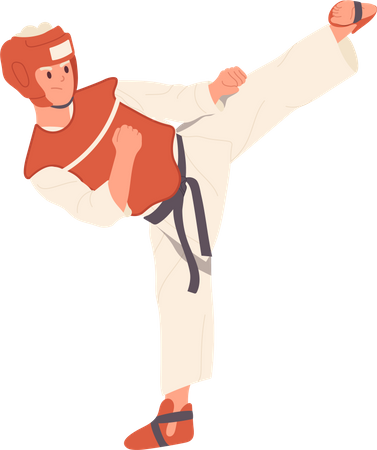 Hombre de karate con equipo de protección y kimono practicando técnica de arte marcial tradicional  Ilustración