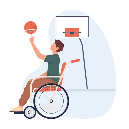 Hombre discapacitado en silla de ruedas jugando baloncesto  Ilustración