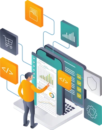 Hombre haciendo análisis de datos de red en aplicaciones de teléfonos inteligentes y tecnología informática  Ilustración