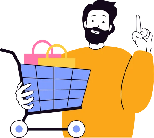 Hombre guardando artículos comprados en el carrito de compras  Ilustración