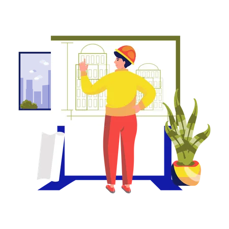 El hombre mira el plano de la casa.  Ilustración