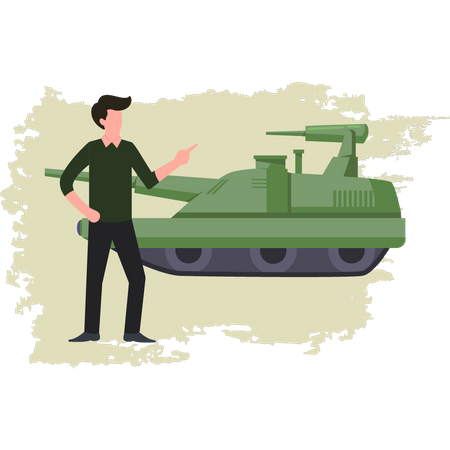 Hombre mirando el tanque militar  Ilustración