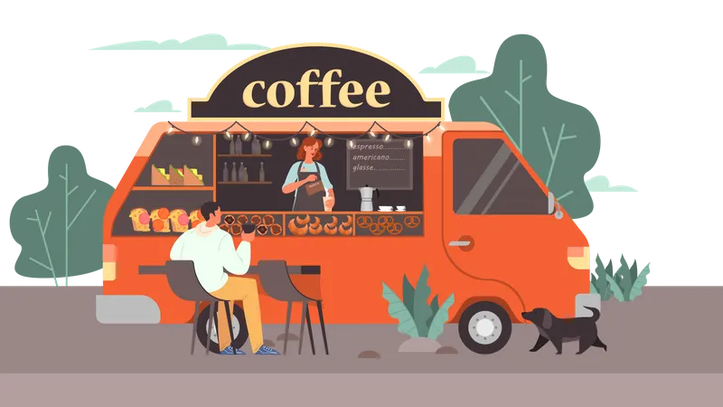 Hombre bebiendo café en una cafetería móvil  Ilustración