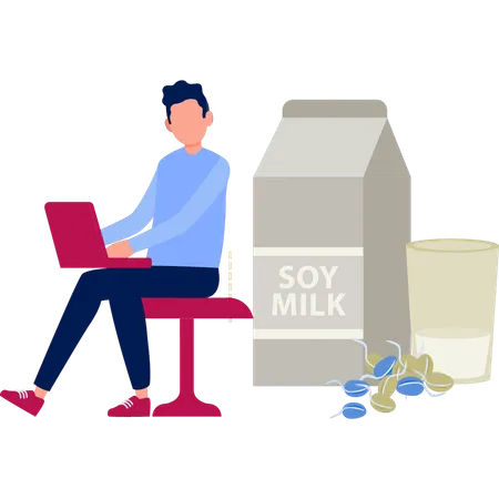 Hombre trabajando en una computadora portátil sobre la proteína de la leche de soja  Ilustración