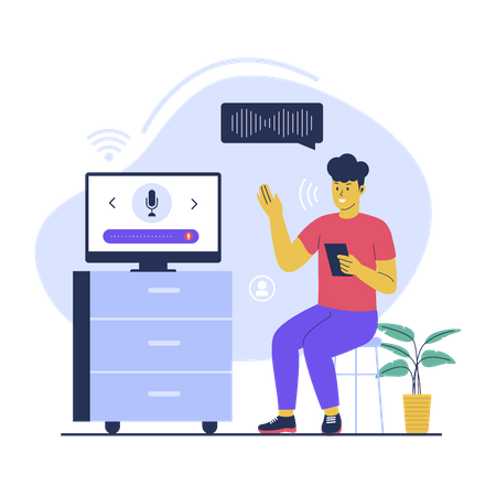 El hombre utiliza tecnología de asistencia por voz  Ilustración