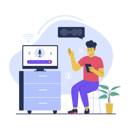 El hombre utiliza tecnología de asistencia por voz  Ilustración