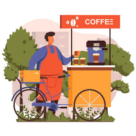 Hombre vendiendo café en bicicleta  Ilustración